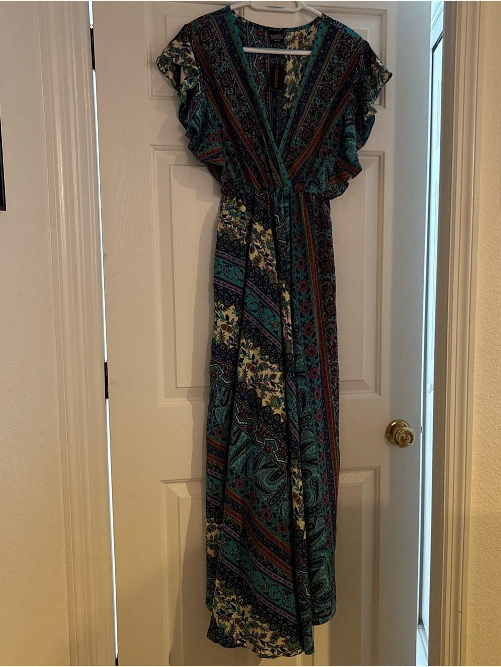 Mandala One Size Full Length Teal Navy Pink floral V-neck Dress New W/ Tags